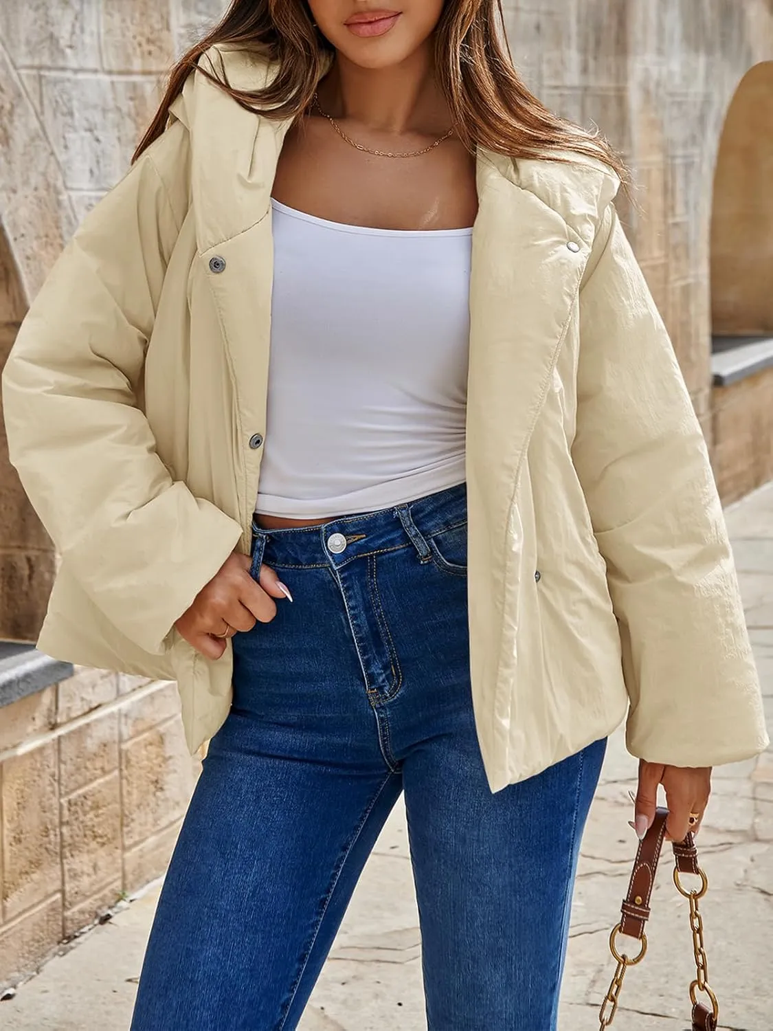 Tankaneo Womens Cropped Puffer Coat Hoodies Oversized Lightweight Winter Jacket Warm Long Sleeve Outerwear
