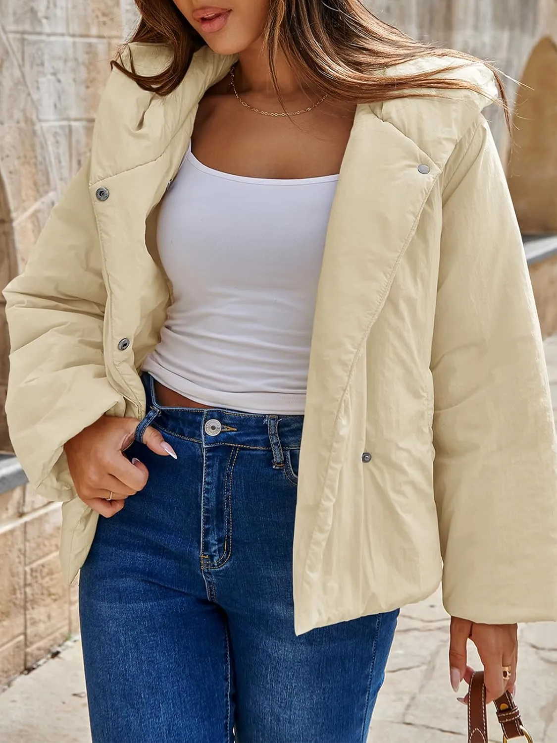 Tankaneo Womens Cropped Puffer Coat Hoodies Oversized Lightweight Winter Jacket Warm Long Sleeve Outerwear