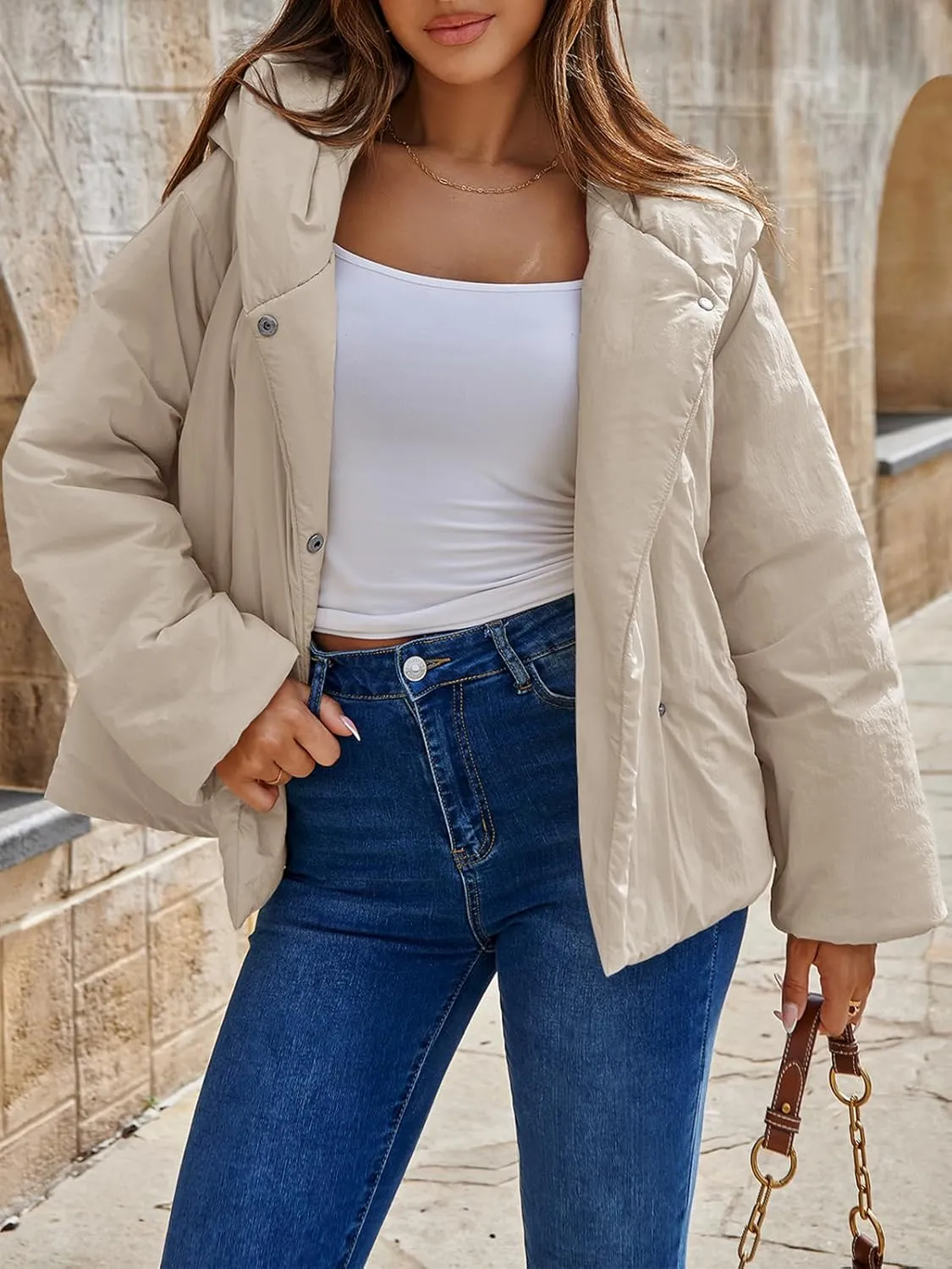 Tankaneo Womens Cropped Puffer Coat Hoodies Oversized Lightweight Winter Jacket Warm Long Sleeve Outerwear