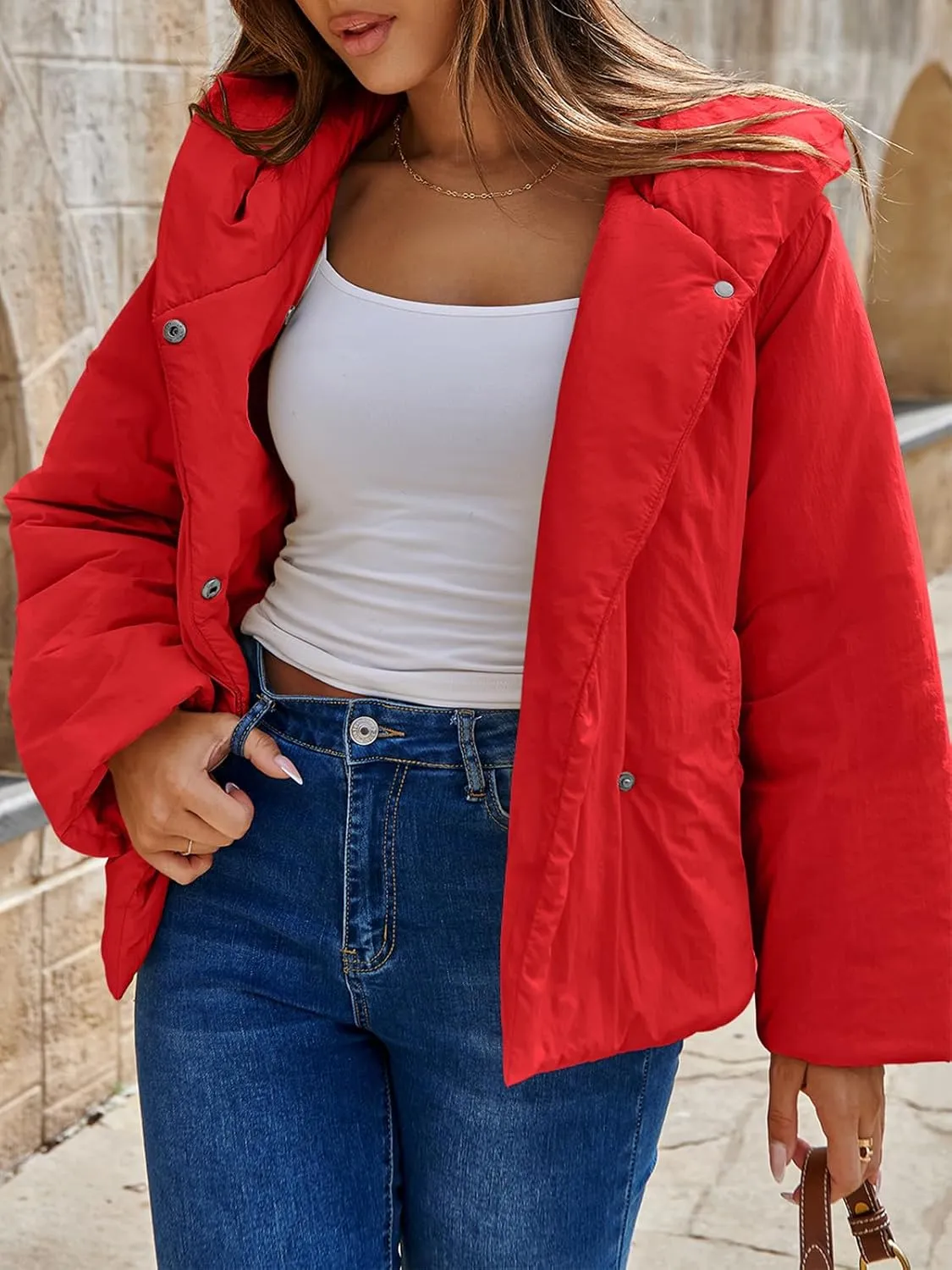 Tankaneo Womens Cropped Puffer Coat Hoodies Oversized Lightweight Winter Jacket Warm Long Sleeve Outerwear