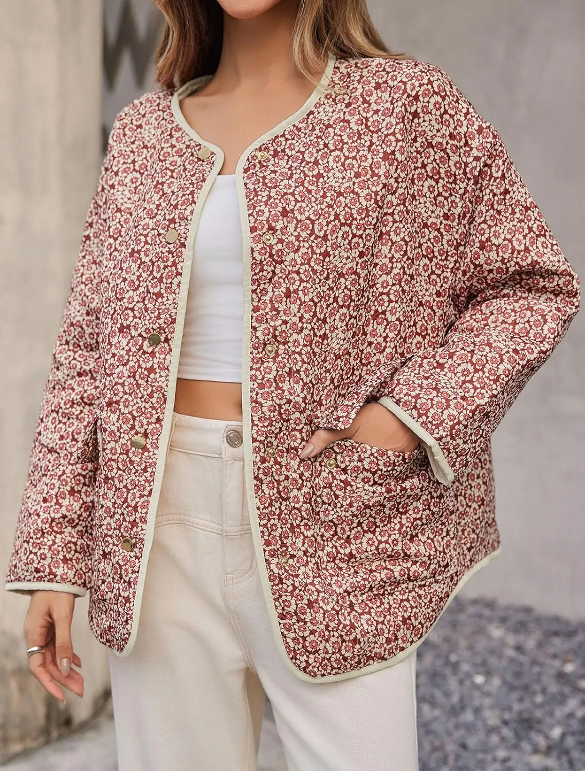 Tankaneo Womens Floral Lightweight Quilted Jacket Oversized Puffer Shacket Winter Collarless Button Down Outerwear