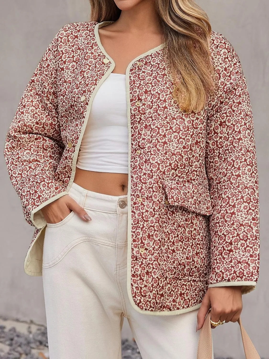 Tankaneo Womens Floral Lightweight Quilted Jacket Oversized Puffer Shacket Winter Collarless Button Down Outerwear