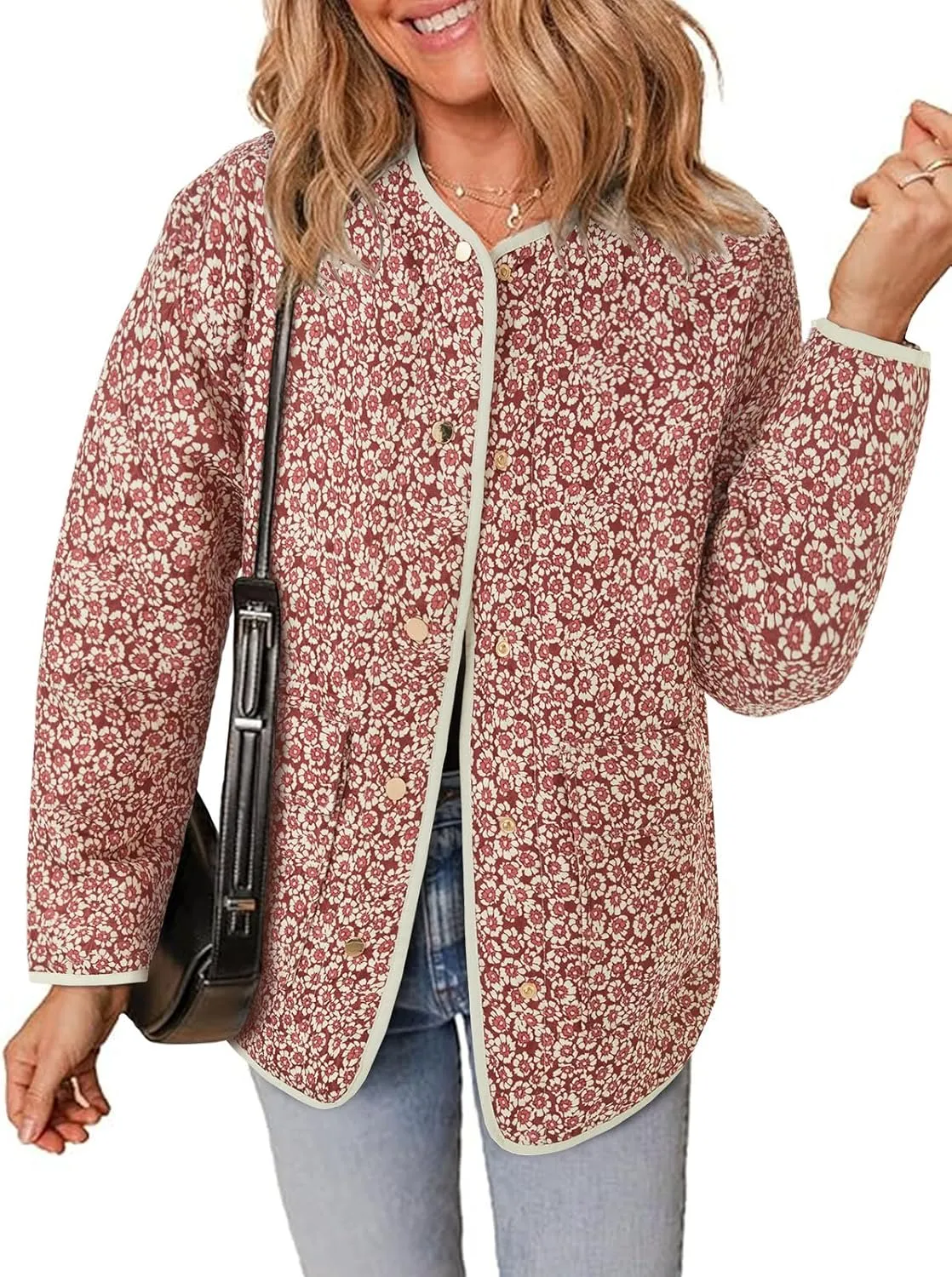Tankaneo Womens Floral Lightweight Quilted Jacket Oversized Puffer Shacket Winter Collarless Button Down Outerwear
