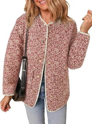 Tankaneo Womens Floral Lightweight Quilted Jacket Oversized Puffer Shacket Winter Collarless Button Down Outerwear
