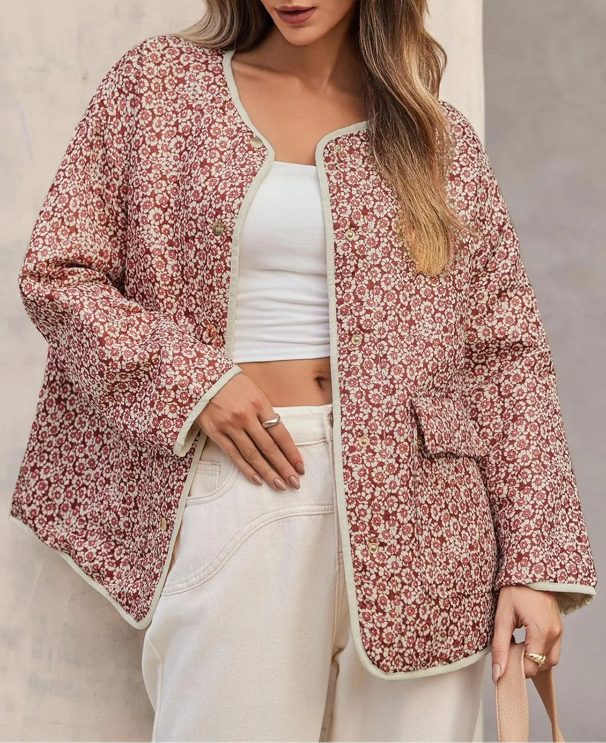 Tankaneo Womens Floral Lightweight Quilted Jacket Oversized Puffer Shacket Winter Collarless Button Down Outerwear