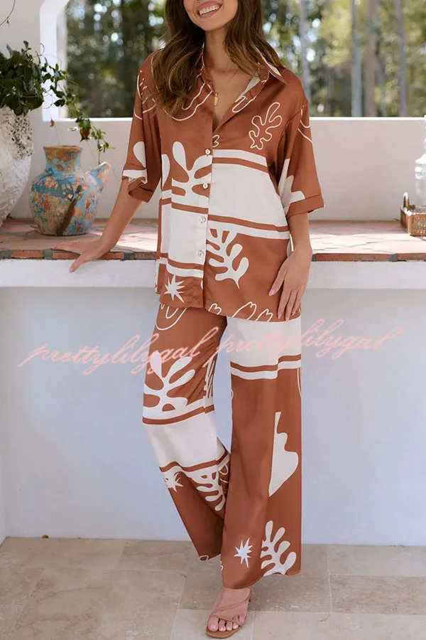 The Beach Girls Unique Color Block Print Button Up Shirt and Elastic Waist Pants Set