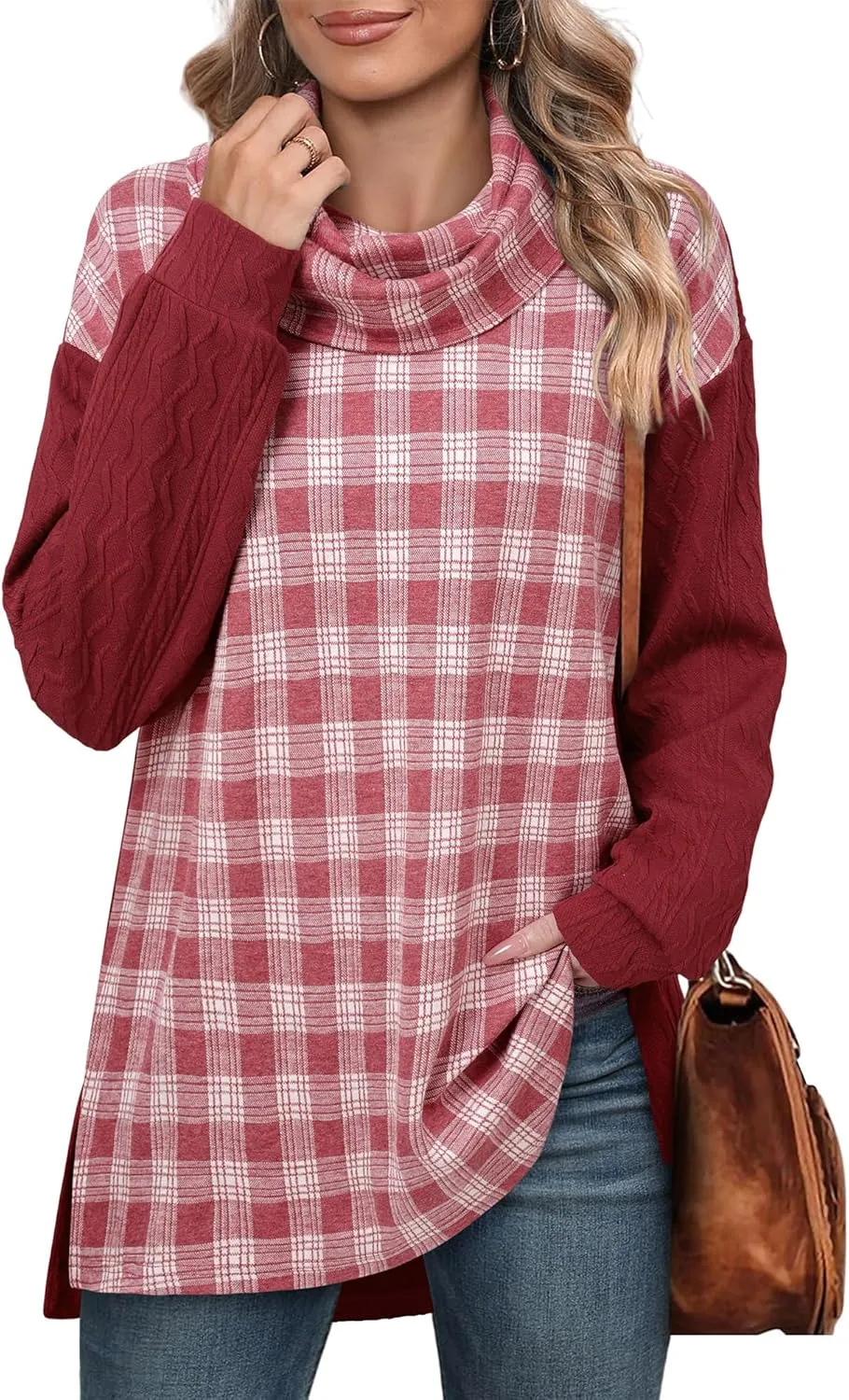 Timeson Women's Cowl Neck Tunic Sweaters Plaid Pullovers Sweatshirts