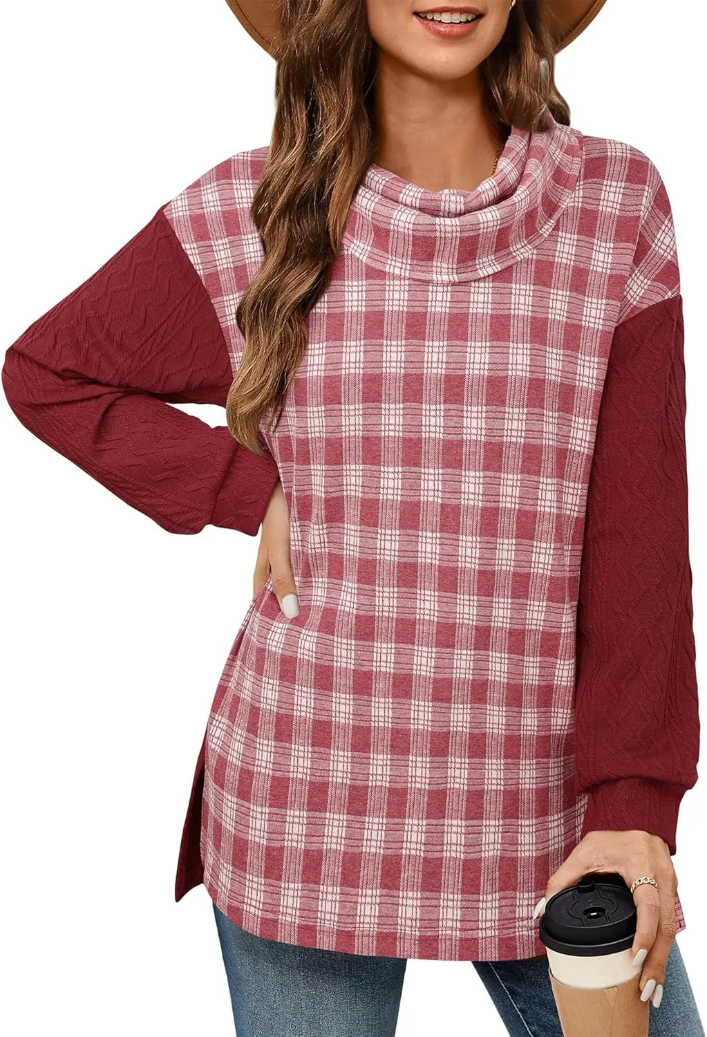 Timeson Women's Cowl Neck Tunic Sweaters Plaid Pullovers Sweatshirts