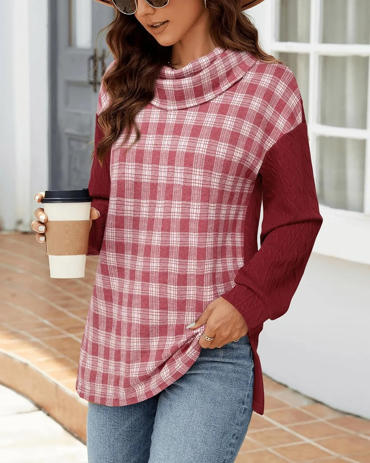 Timeson Women's Cowl Neck Tunic Sweaters Plaid Pullovers Sweatshirts