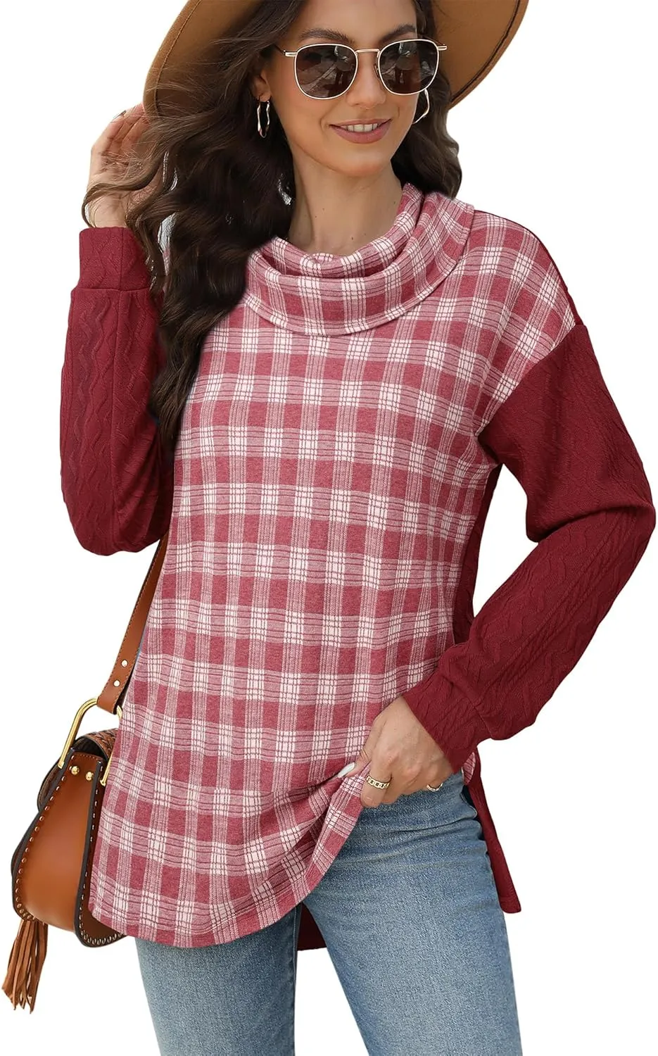 Timeson Women's Cowl Neck Tunic Sweaters Plaid Pullovers Sweatshirts
