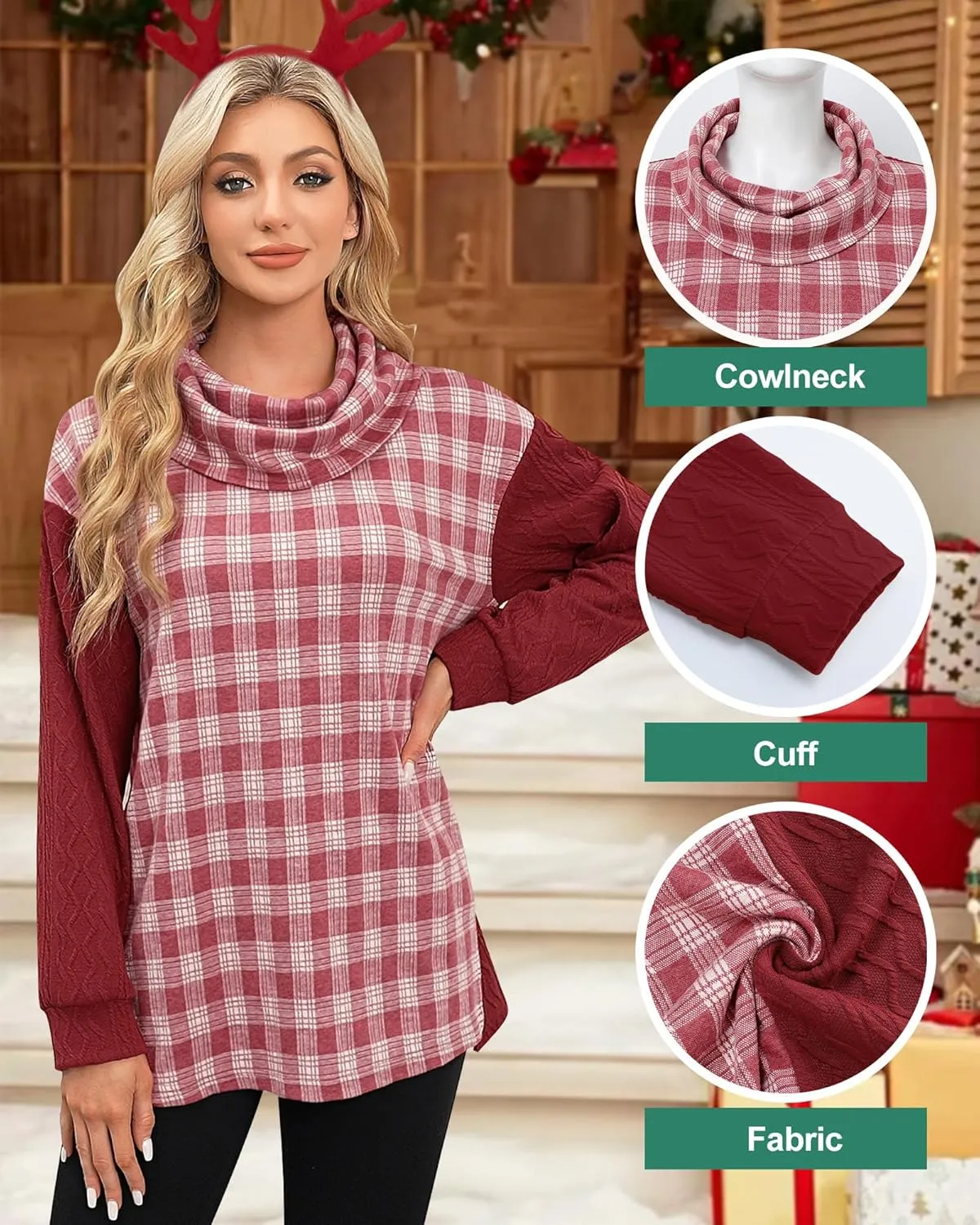 Timeson Women's Cowl Neck Tunic Sweaters Plaid Pullovers Sweatshirts