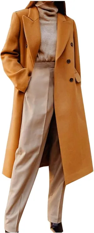 Trench Coat for Women 2024 Double Breasted Lapel Wool Coat Fall Long Sleeve Midi Jacket Windproof Overcoat