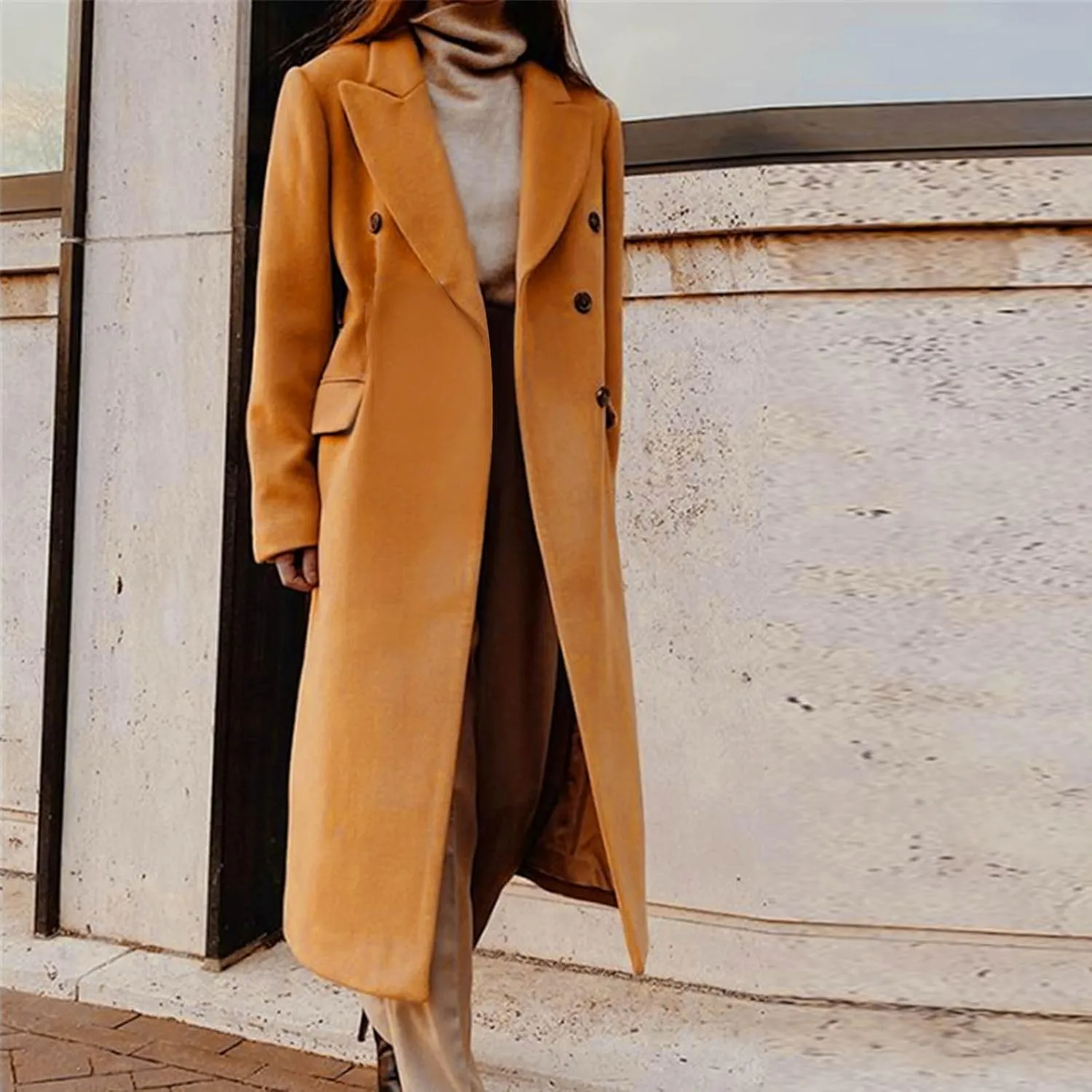Trench Coat for Women 2024 Double Breasted Lapel Wool Coat Fall Long Sleeve Midi Jacket Windproof Overcoat