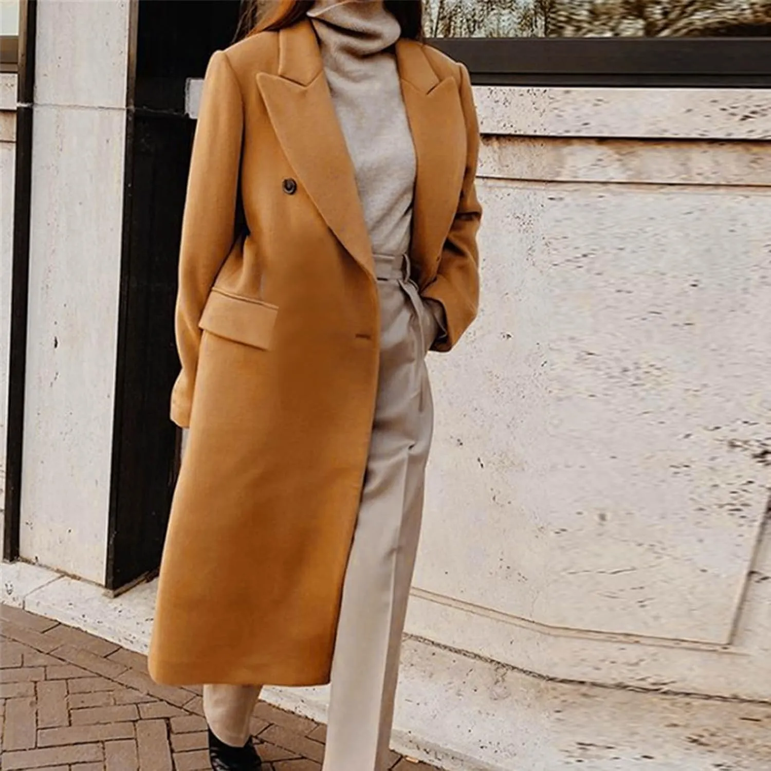 Trench Coat for Women 2024 Double Breasted Lapel Wool Coat Fall Long Sleeve Midi Jacket Windproof Overcoat