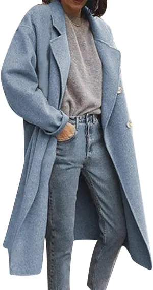 Trench Coat for Women 2024 Double Breasted Lapel Wool Coat Fall Long Sleeve Midi Jacket Windproof Overcoat