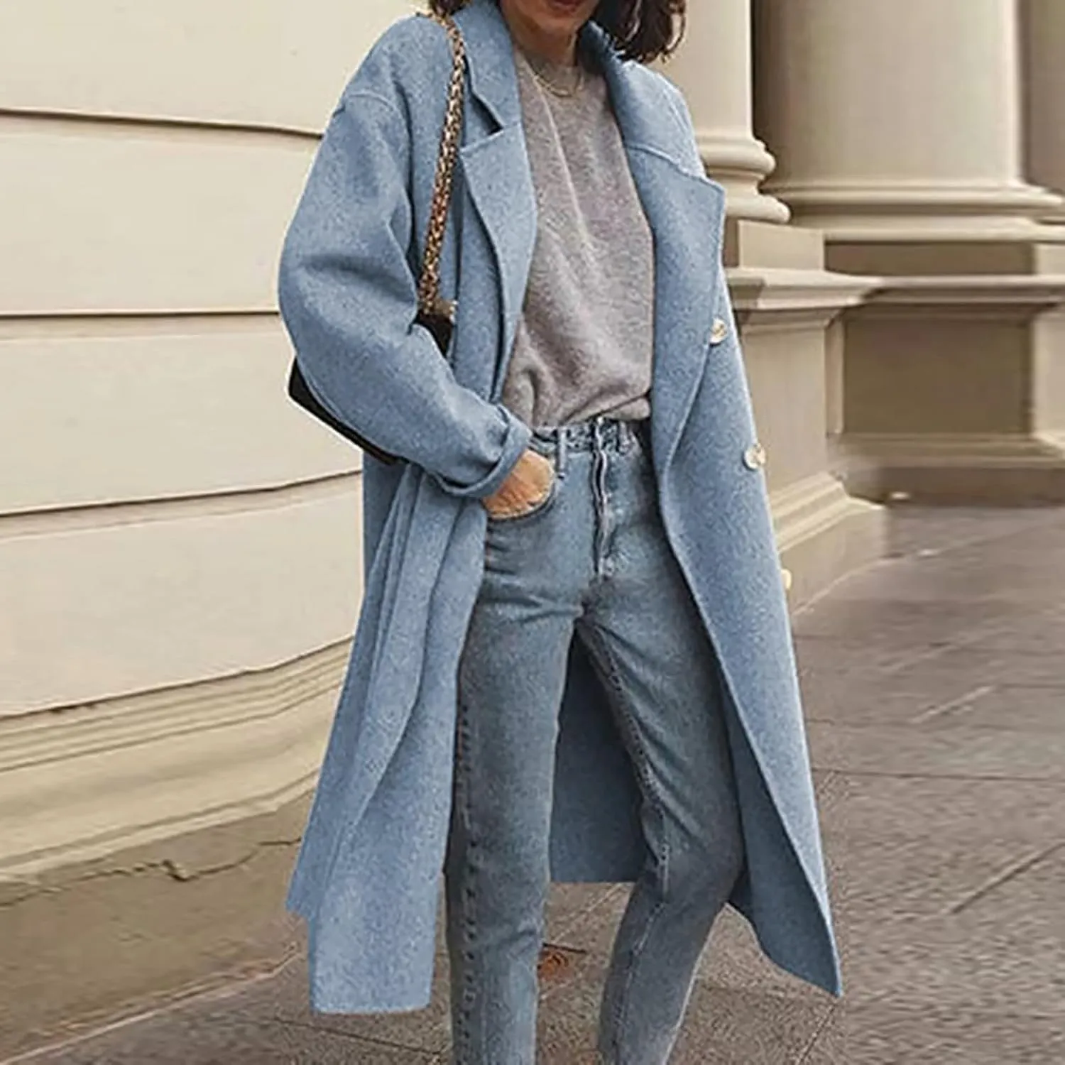 Trench Coat for Women 2024 Double Breasted Lapel Wool Coat Fall Long Sleeve Midi Jacket Windproof Overcoat