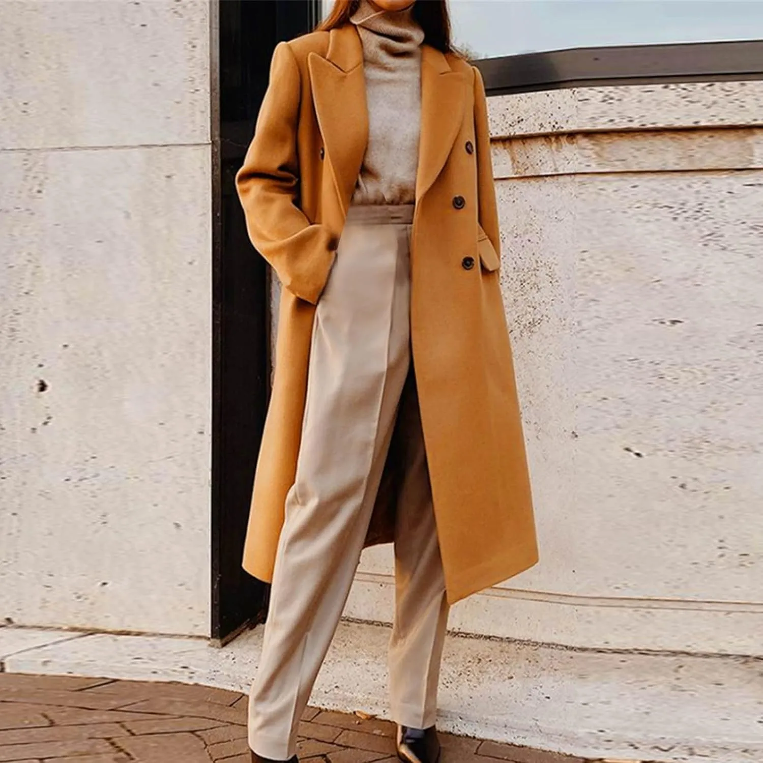 Trench Coat for Women 2024 Double Breasted Lapel Wool Coat Fall Long Sleeve Midi Jacket Windproof Overcoat
