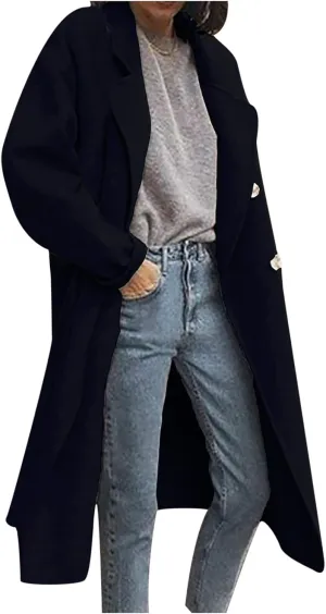 Trench Coat for Women 2024 Double Breasted Lapel Wool Coat Fall Long Sleeve Midi Jacket Windproof Overcoat