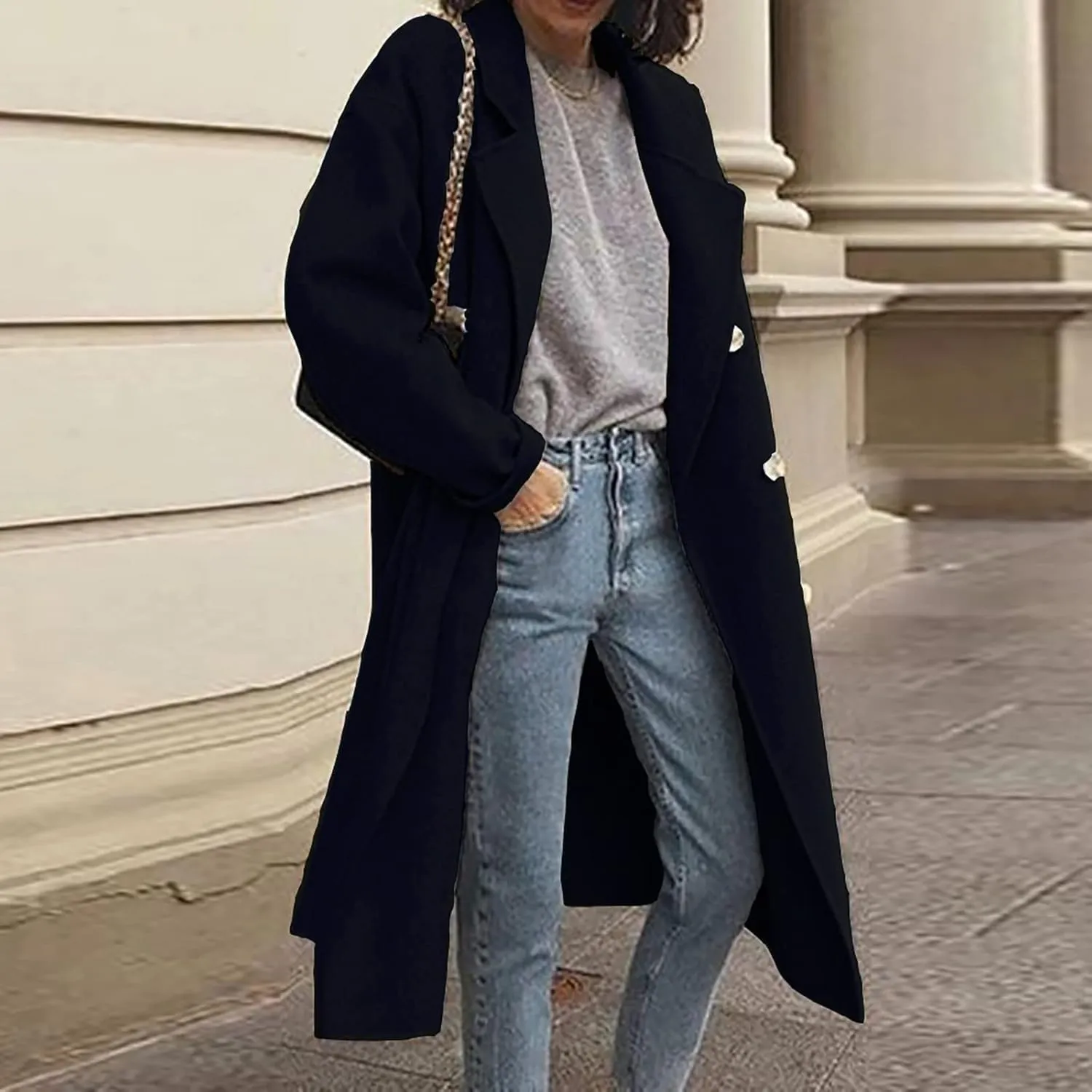 Trench Coat for Women 2024 Double Breasted Lapel Wool Coat Fall Long Sleeve Midi Jacket Windproof Overcoat