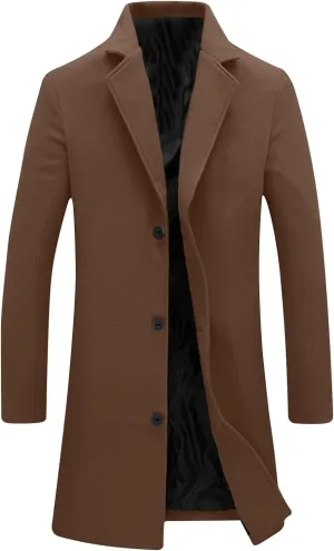 Trench Coat Men Single Breasted Wool Blend Coat Mid Length Pea Coat Notch Lapel Jacket Business Casual Overcoat