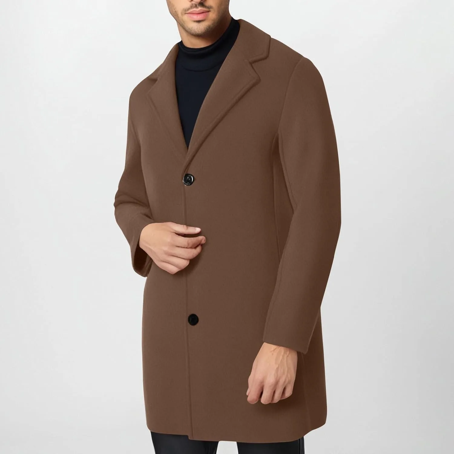 Trench Coat Men Single Breasted Wool Blend Coat Mid Length Pea Coat Notch Lapel Jacket Business Casual Overcoat