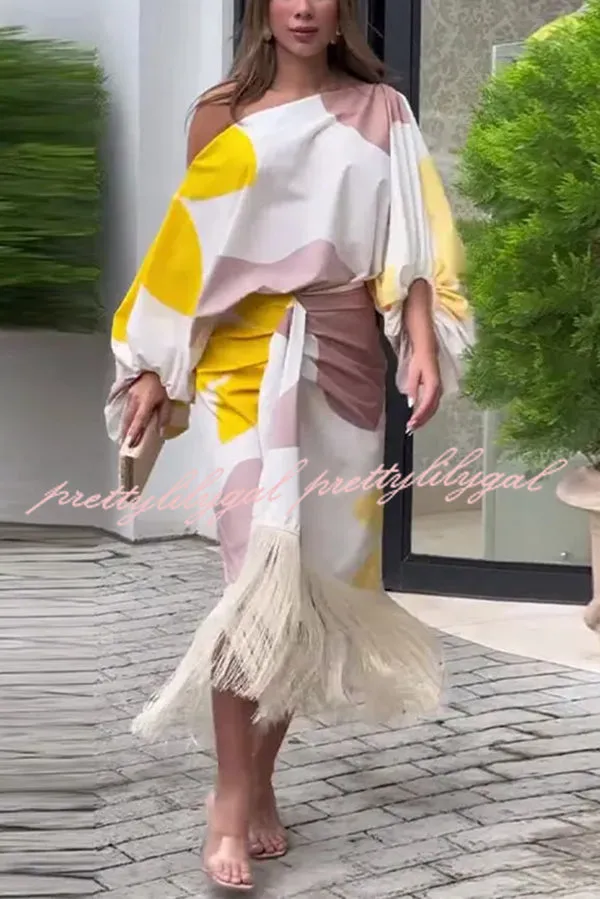 Unique Printed Balloon Sleeve Loose Top and Fringed Hem Skirt Set