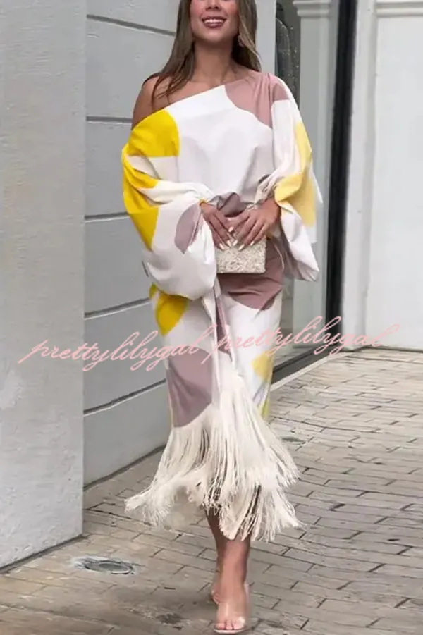 Unique Printed Balloon Sleeve Loose Top and Fringed Hem Skirt Set