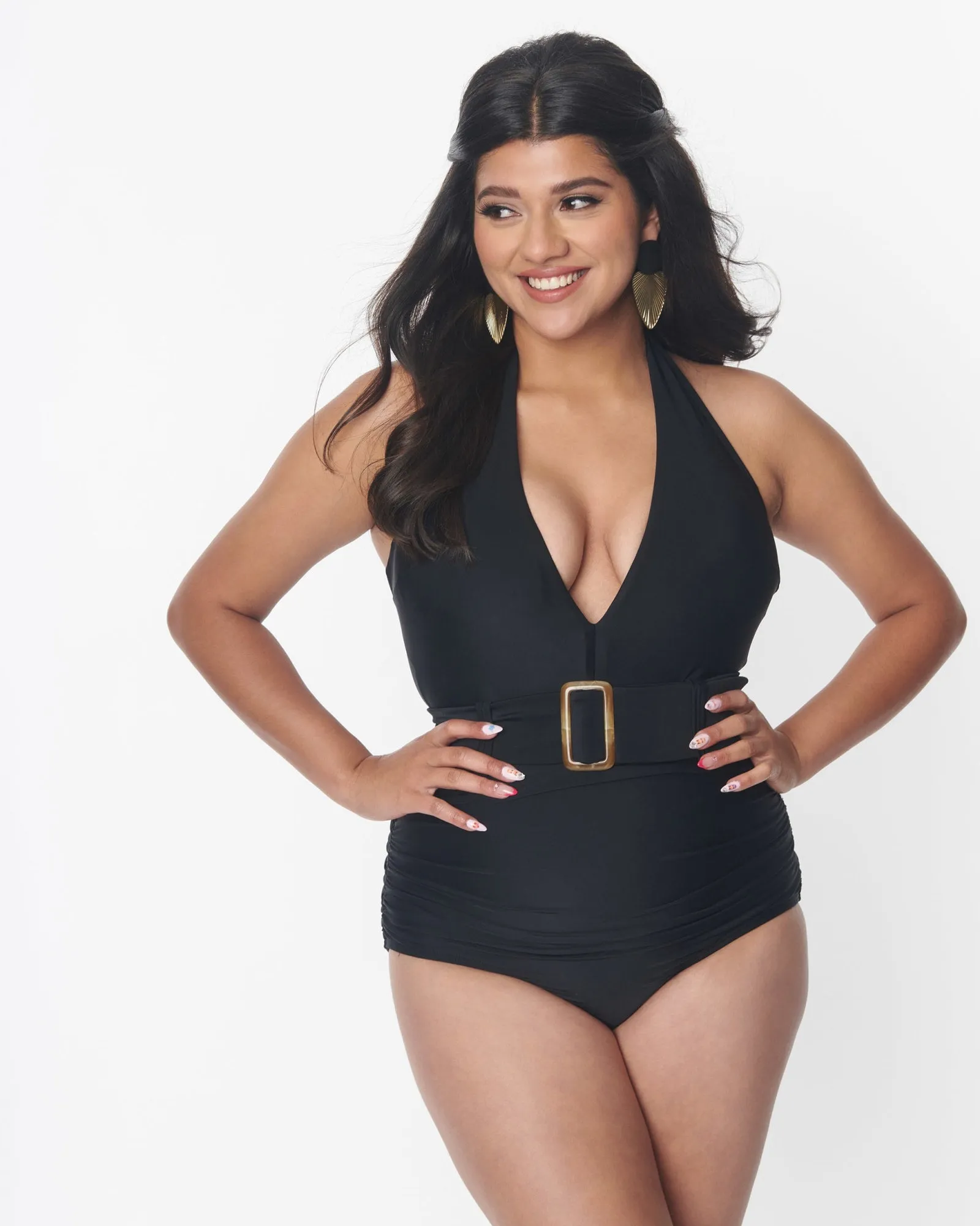 Unique Vintage Black Belted Halter Swimsuit | Black