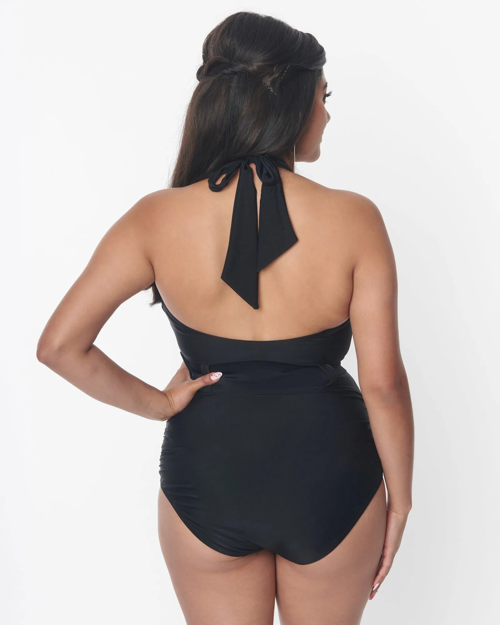 Unique Vintage Black Belted Halter Swimsuit | Black