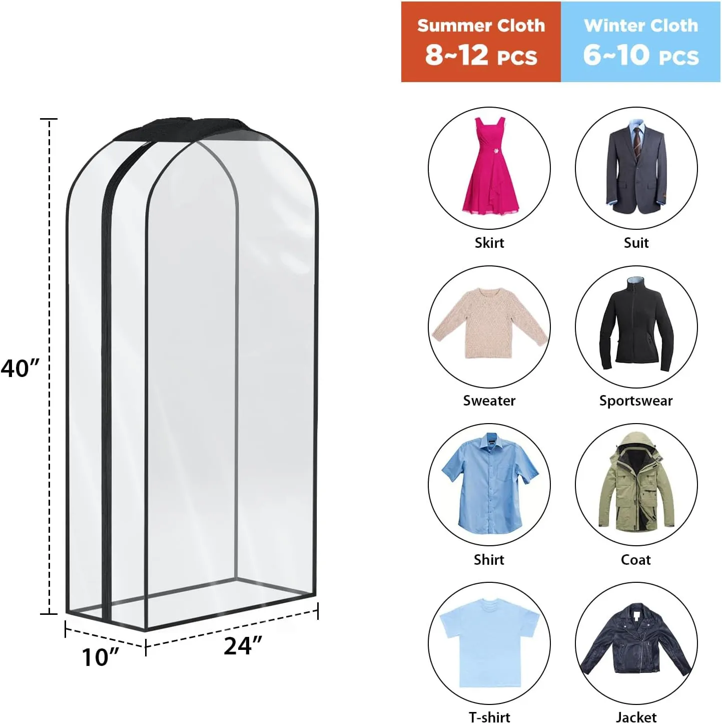 Univivi Garment Bags Garment Covers for Hanging Clothes, 10" Gusseted Clear Suit Bags for Clothes Storage, Garment Bag for Closet Storage, 40", 4-Pack
