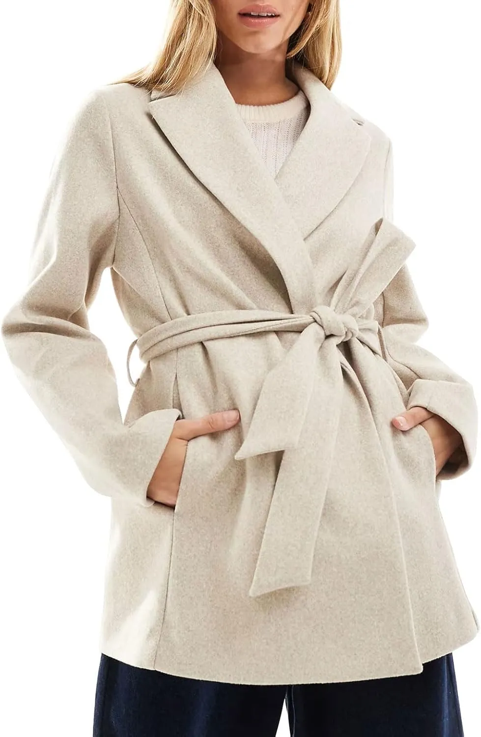 utcoco Women Fashion Belted Wool Trench Coat Notched Lapel Pea Coats Winter Warm Jackets with Pockets