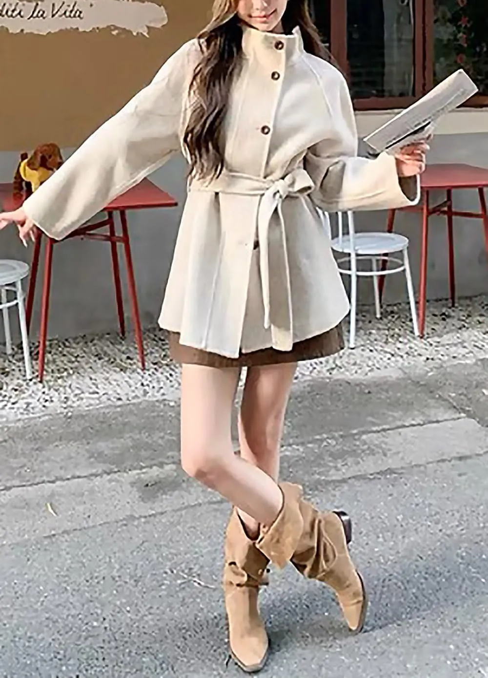 utcoco Women Wool Pea Coat Stand Collar Single Breasted Trench Overcoat Jackets with Belt