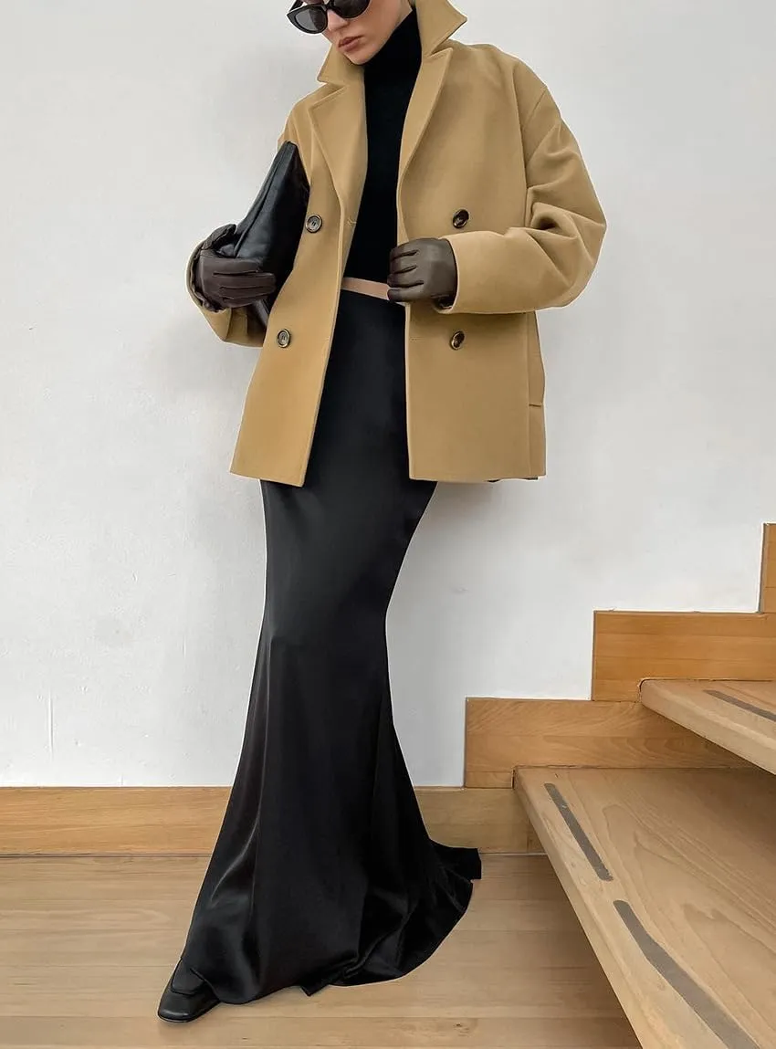 utcoco Women's 2024 Winter Wool Blend Trench Coat Casual Notched Lapel Double Breasted Pea Coat with Pockets