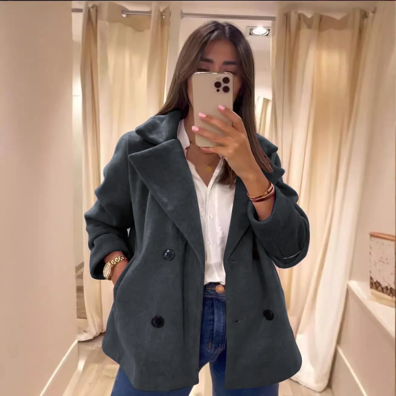 utcoco Women's 2024 Winter Woolen Coats Casual Notched Lapel Double Breasted Trench Coat Peacoat with Pockets