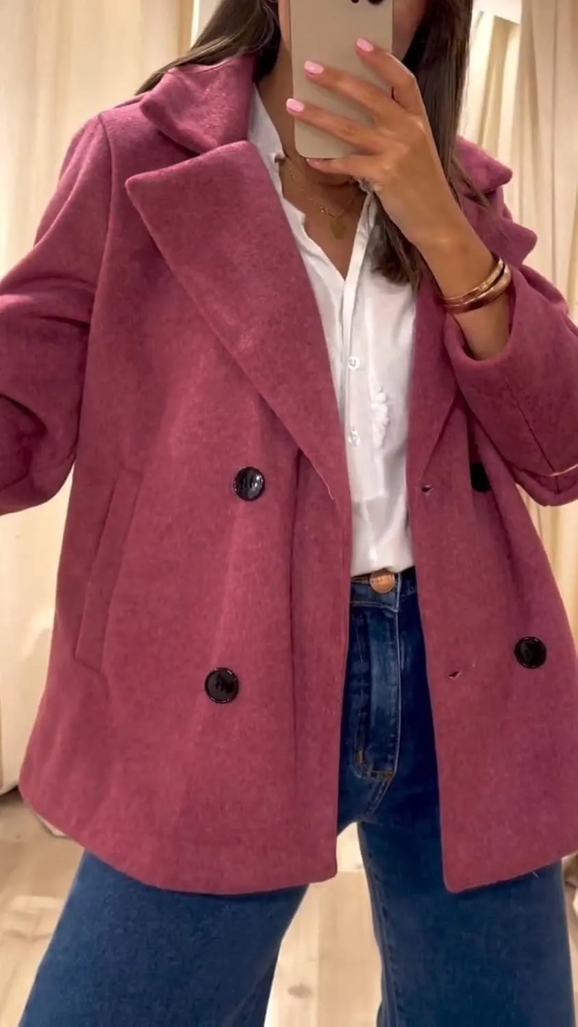 utcoco Women's 2024 Winter Woolen Coats Casual Notched Lapel Double Breasted Trench Coat Peacoat with Pockets