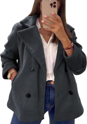 utcoco Women's 2024 Winter Woolen Coats Casual Notched Lapel Double Breasted Trench Coat Peacoat with Pockets