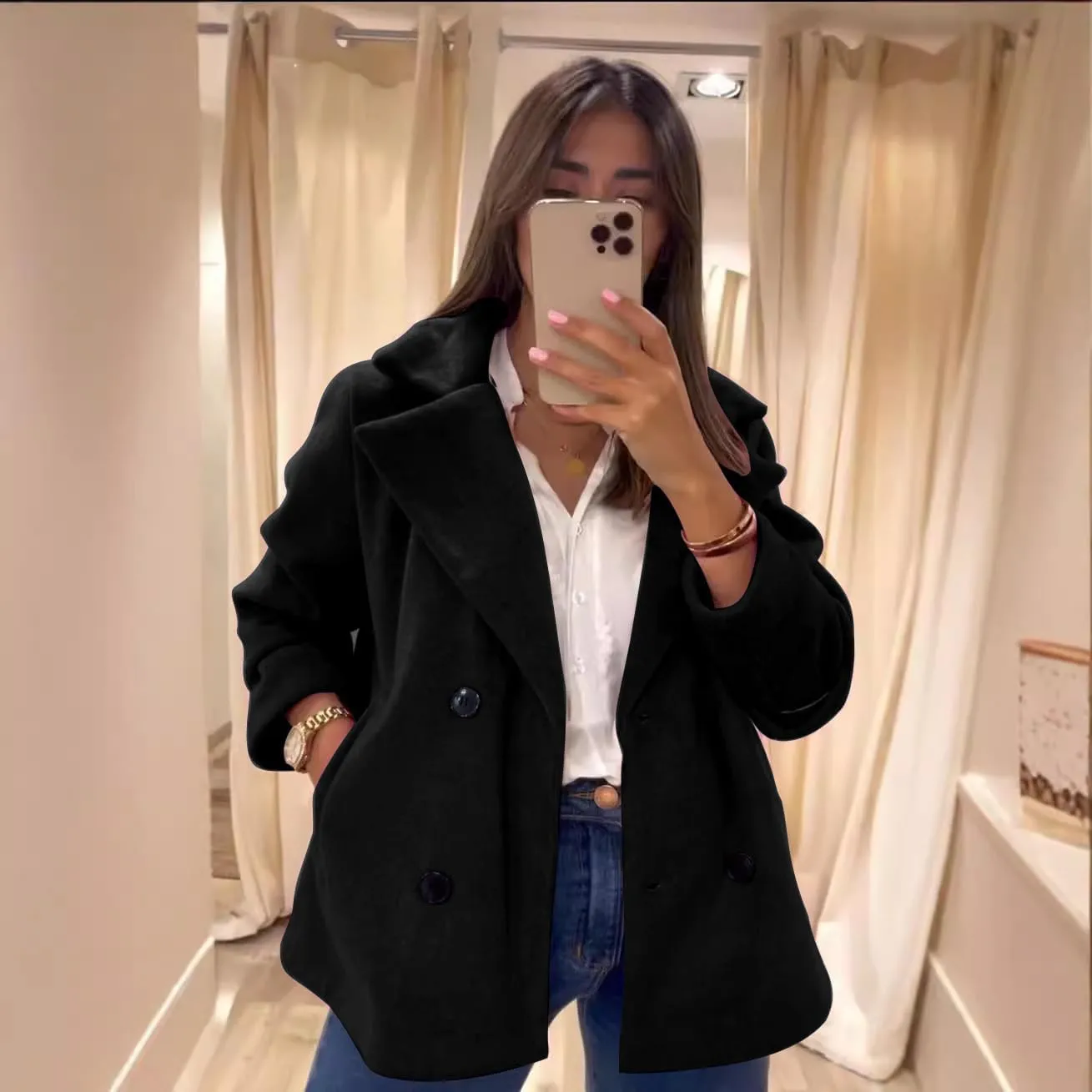 utcoco Women's 2024 Winter Woolen Coats Casual Notched Lapel Double Breasted Trench Coat Peacoat with Pockets