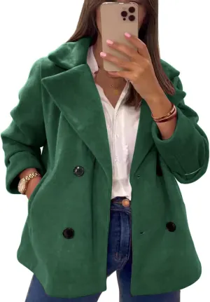 utcoco Women's 2024 Winter Woolen Coats Casual Notched Lapel Double Breasted Trench Coat Peacoat with Pockets