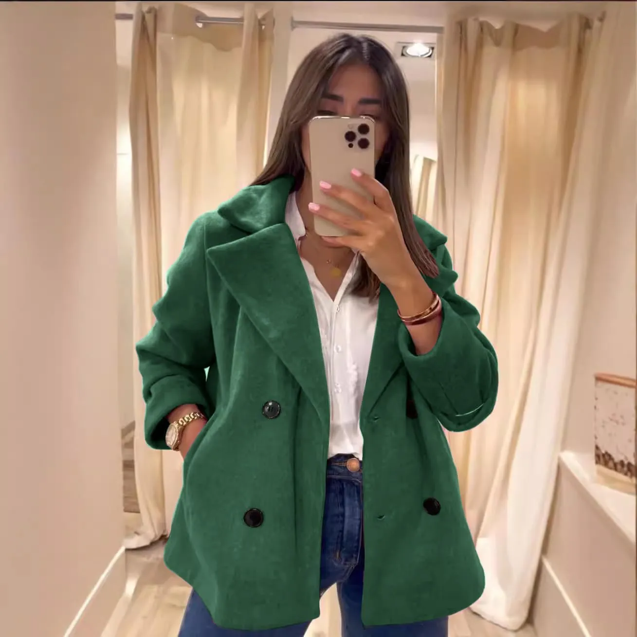 utcoco Women's 2024 Winter Woolen Coats Casual Notched Lapel Double Breasted Trench Coat Peacoat with Pockets