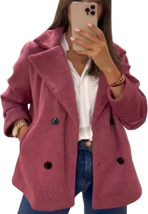 utcoco Women's 2024 Winter Woolen Coats Casual Notched Lapel Double Breasted Trench Coat Peacoat with Pockets