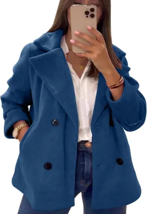 utcoco Women's 2024 Winter Woolen Coats Casual Notched Lapel Double Breasted Trench Coat Peacoat with Pockets