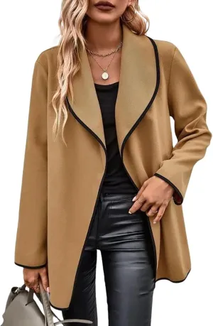 utcoco Women's Lapel Wool Blend Coats Color Block Trim Trench Coat Peacoat Casual Open Front Coatigans