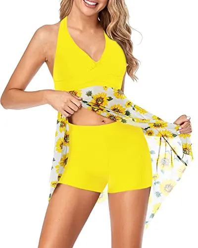 V Neck Mesh Halter Tankini Swim Dress Women's Two Piece Swimsuit-Yellow Floral