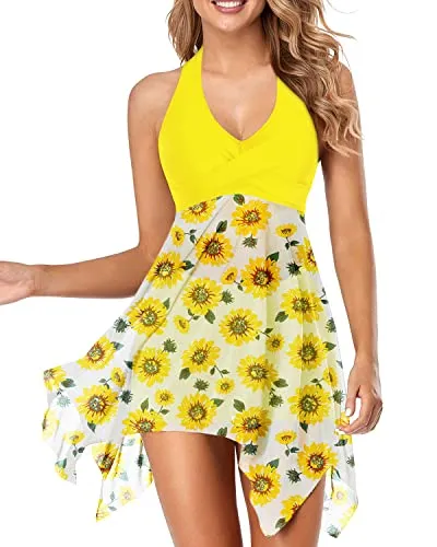 V Neck Mesh Halter Tankini Swim Dress Women's Two Piece Swimsuit-Yellow Floral