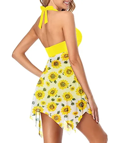 V Neck Mesh Halter Tankini Swim Dress Women's Two Piece Swimsuit-Yellow Floral