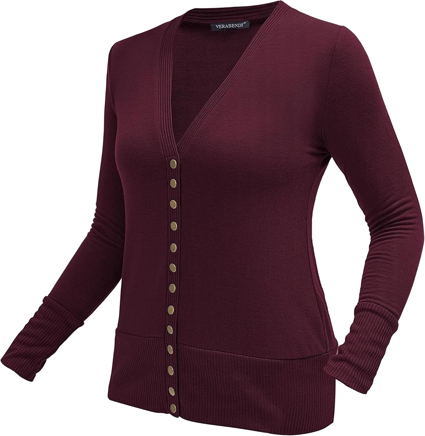 VERABENDI Women Long Sleeve Snaps Button Down V Neck Cute Knit Sweater Cardigan