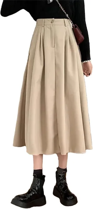 Vintage Brown Pleated Skirt Women Spring Winter Long Skirt Korean High Waist Fleece Midi A-Line Skirt Female