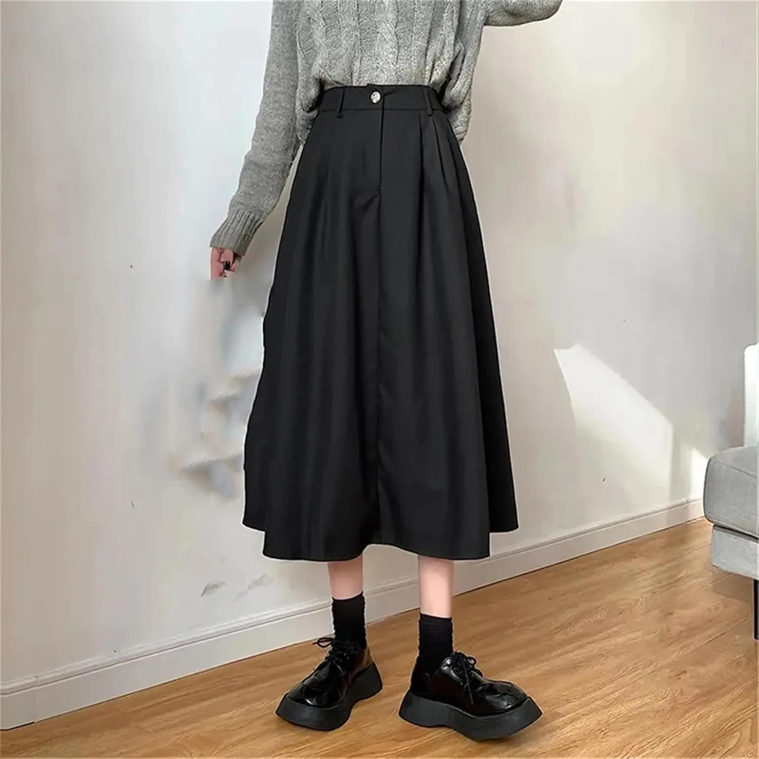 Vintage Brown Pleated Skirt Women Spring Winter Long Skirt Korean High Waist Fleece Midi A-Line Skirt Female