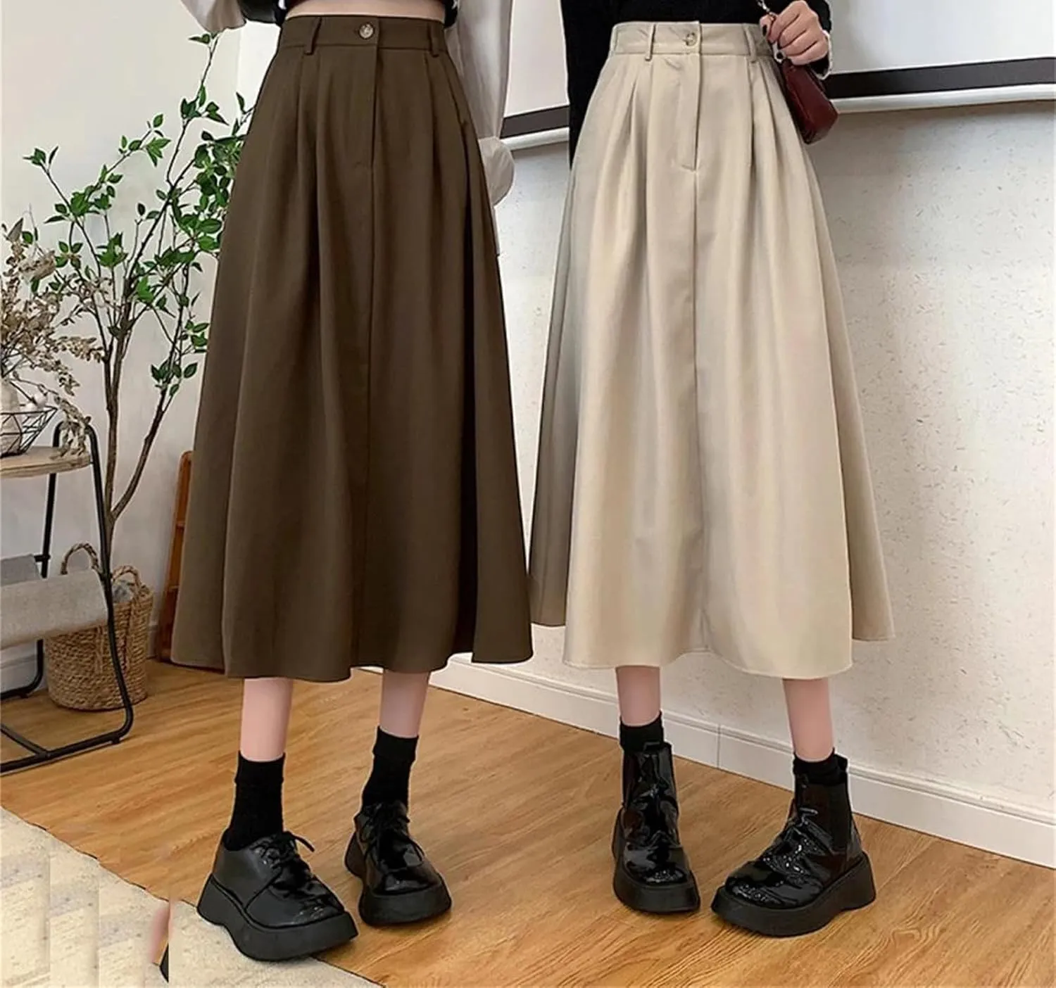 Vintage Brown Pleated Skirt Women Spring Winter Long Skirt Korean High Waist Fleece Midi A-Line Skirt Female
