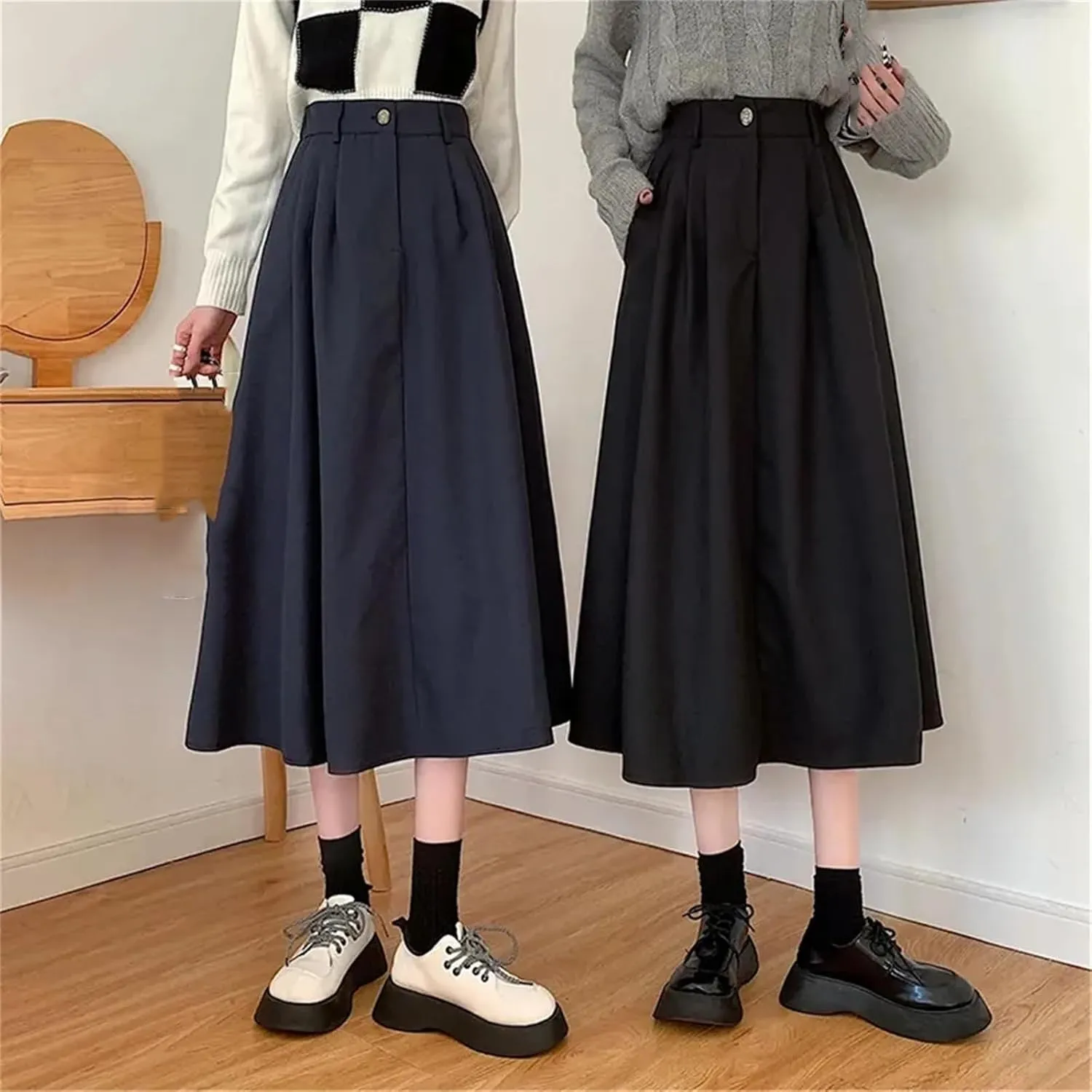 Vintage Brown Pleated Skirt Women Spring Winter Long Skirt Korean High Waist Fleece Midi A-Line Skirt Female